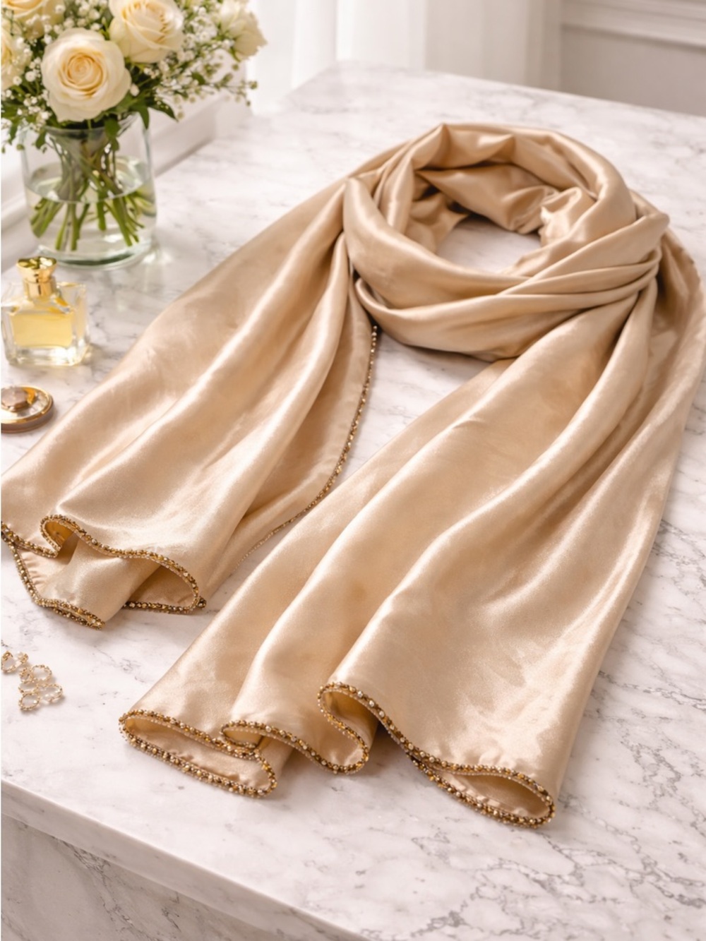 Elegant Gold Satin Scarf with Beaded Trim